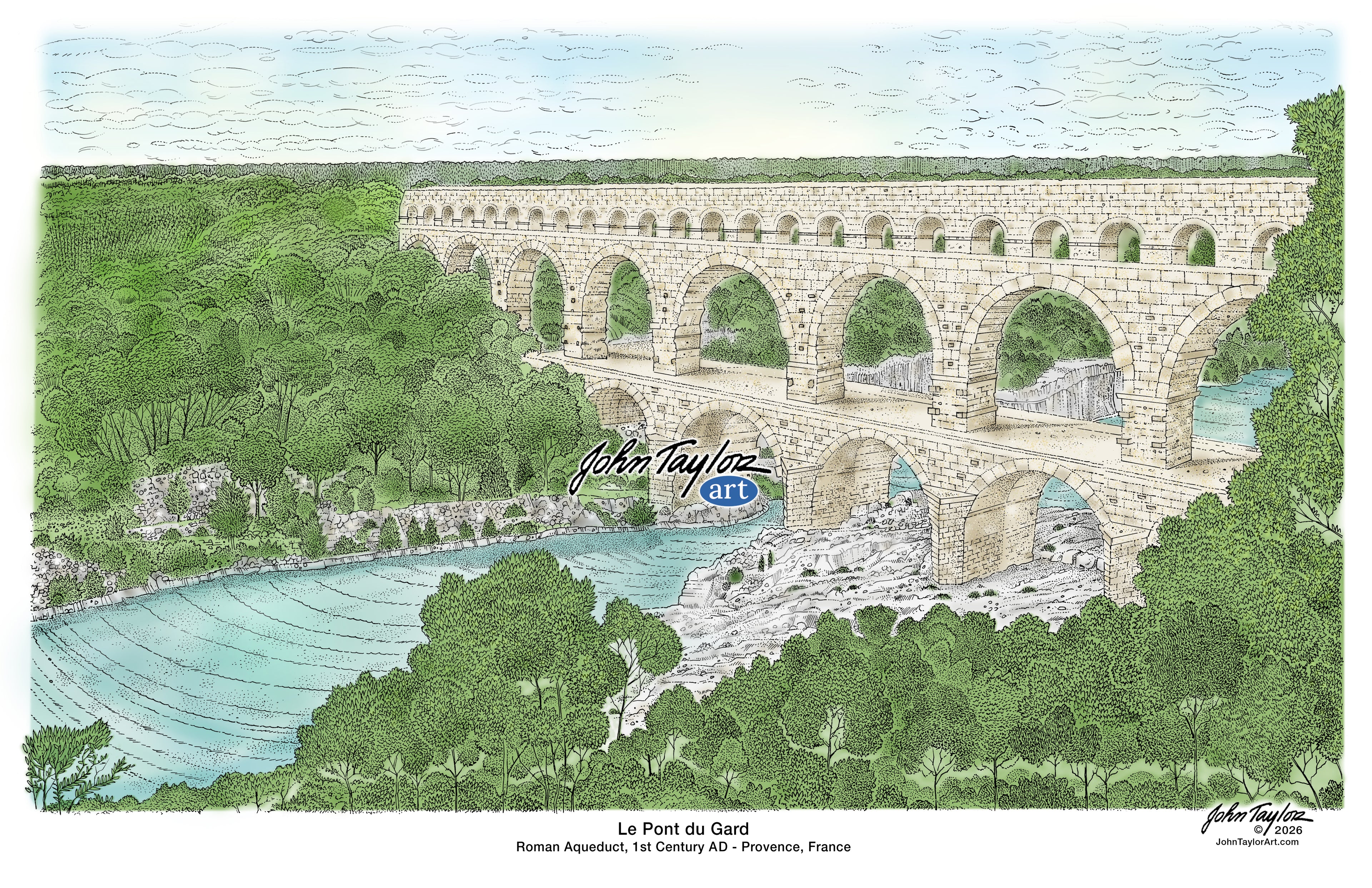 Le Pont du Gard - Roman Aqueduct, 1st Century AD - Provence, France - 11x17 - COLOR - Easy Digital Download!