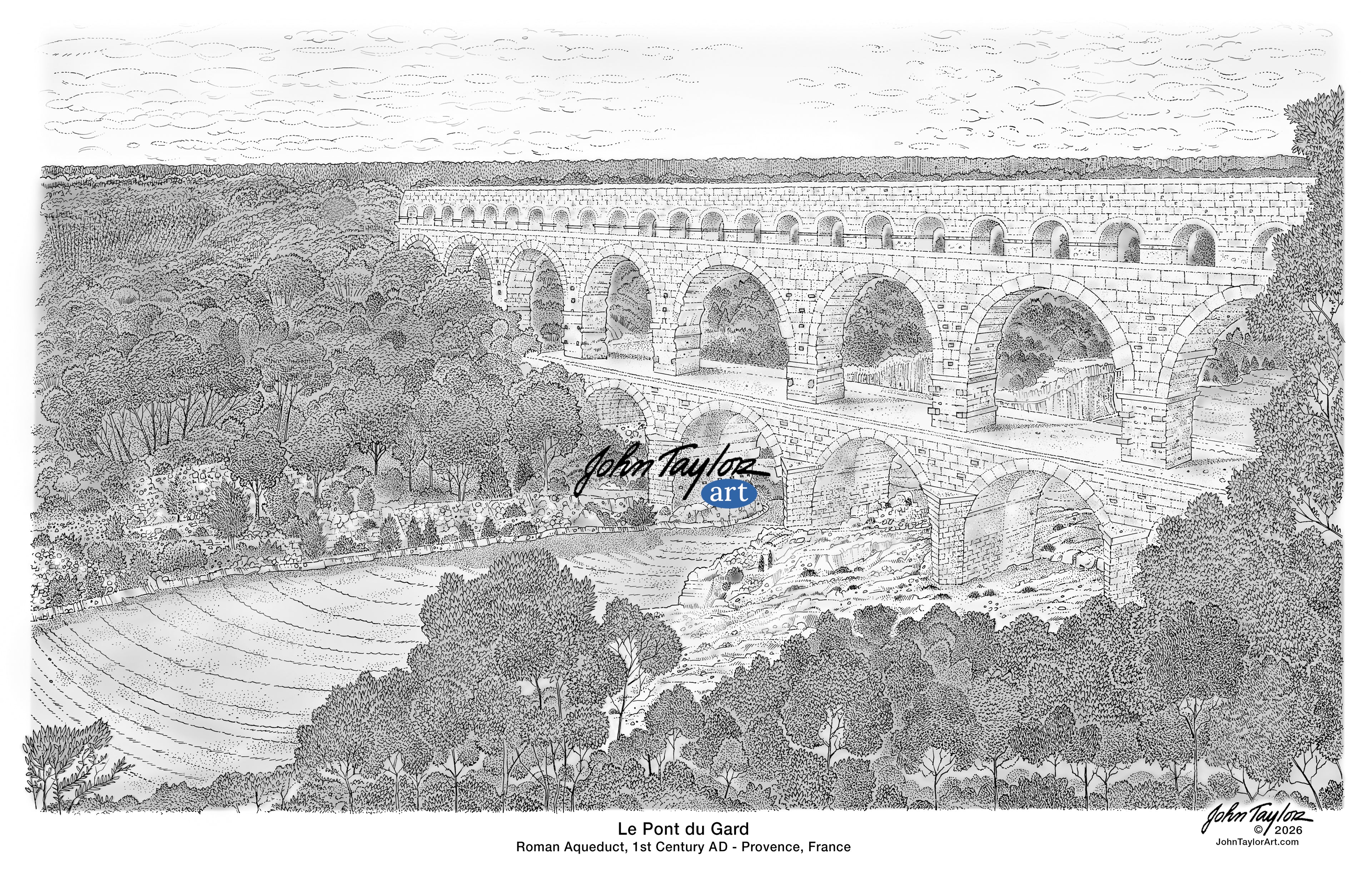 Le Pont du Gard - Roman Aqueduct, 1st Century AD - Provence, France - 11x17 - GRAYSCALE - Easy Digital Download!