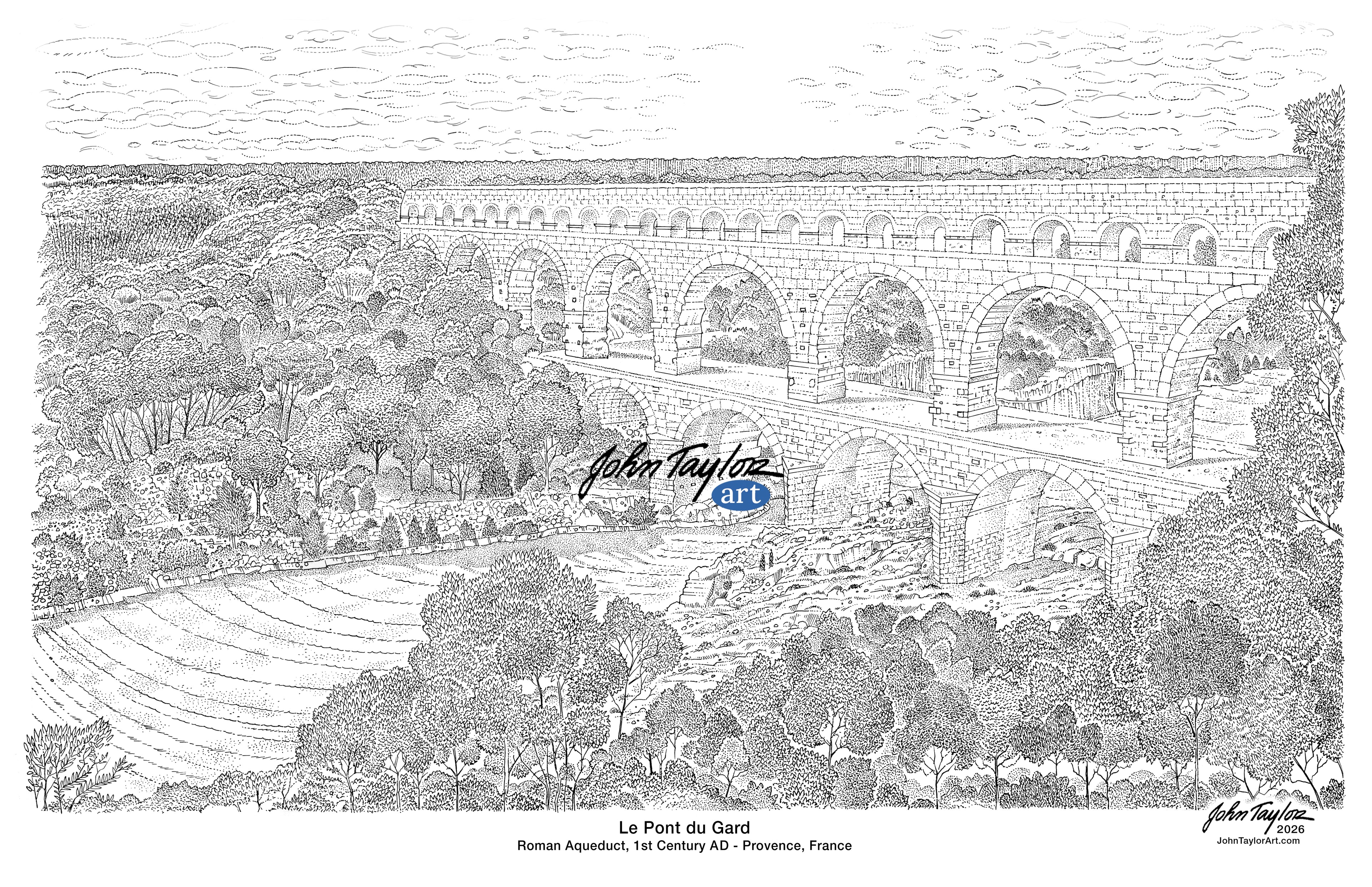 Le Pont du Gard - Roman Aqueduct, 1st Century AD - Provence, France - 11x17 - PEN & INK - Easy Digital Download!