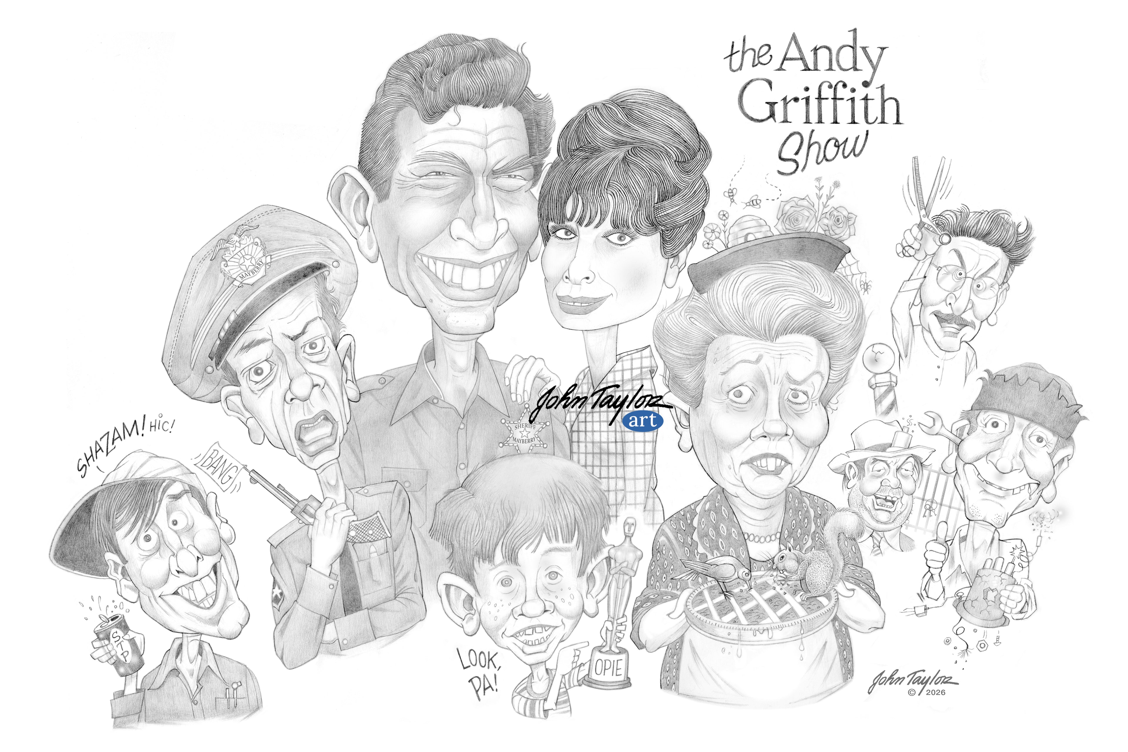 The Andy Griffith Show Satire Illustration - Grayscale - 300 dpi - 12x18 - Easy Digital Download!