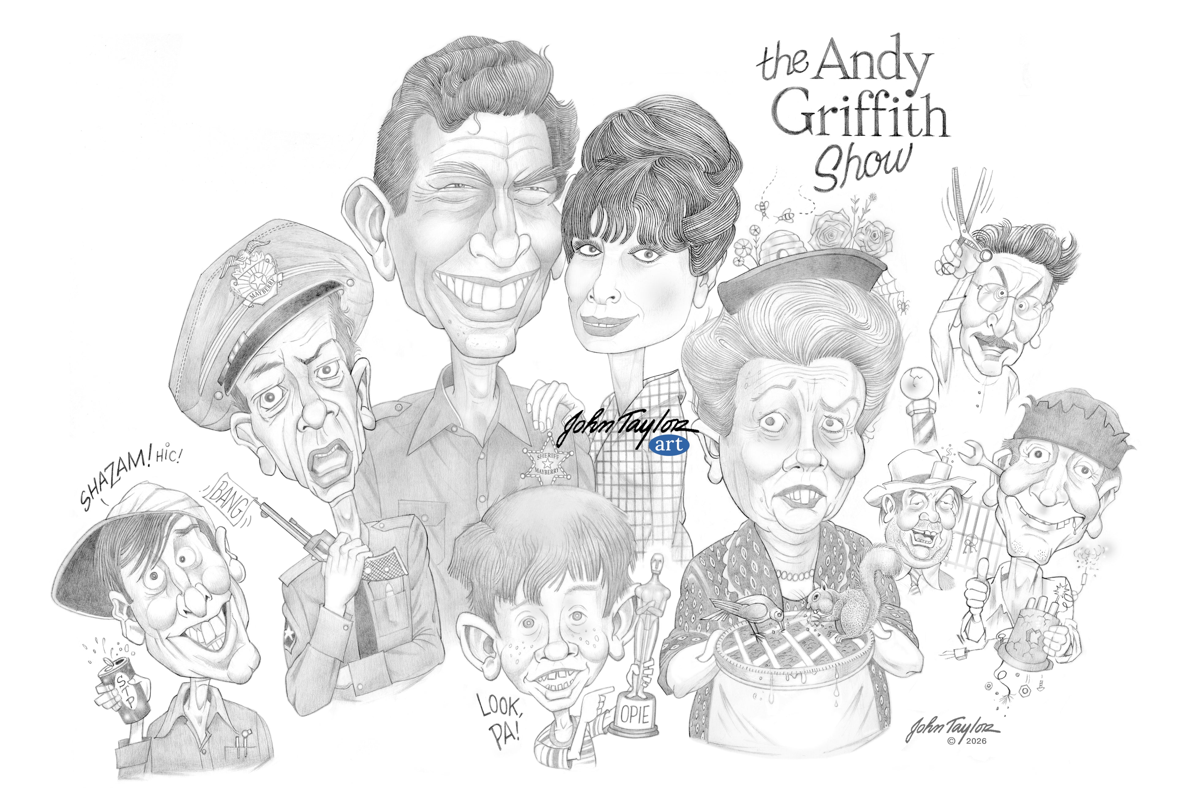 The Andy Griffith Show Satire Illustration - Grayscale - 300 dpi - 13x19 - Easy Digital Download!